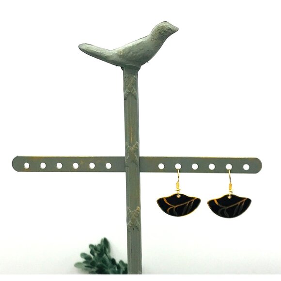 Vintage Gold & Black Enamel Roman Half-Moon Drop Earrings With Abstract Design - Picture 5 of 6